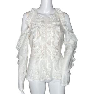 BCBG Maxazria Shirt Womens Medium White Lace Cutouts Neutral Romantic Boho Chic‎